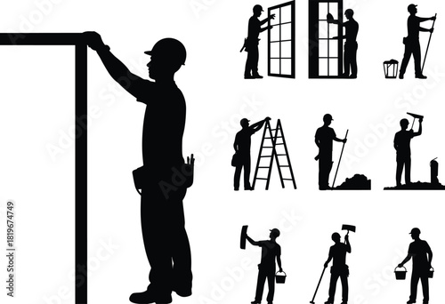 Construction worker silhouette set, handyman performing repairs, painting windows, cleaning glass, installing doors, ladder maintenance, tools and equipment, vector illustration