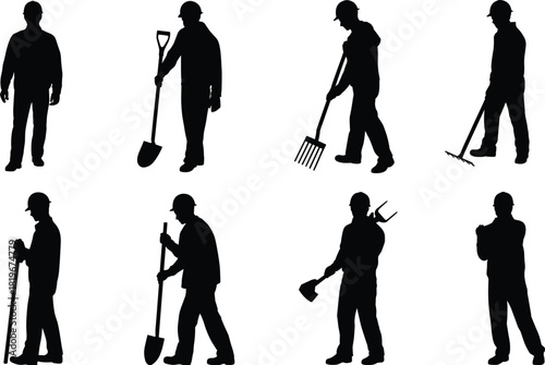Construction worker silhouettes in different poses, laborer with shovel rake fork tools, black industry people shadow vector isolated illustration