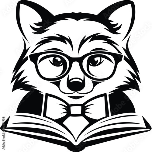 Fox wearing glasses and a bow tie is reading an open book in black silhouette