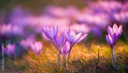 Purple Flowers Of Autumn Crocus On The Meadow Colchicum Autumnale