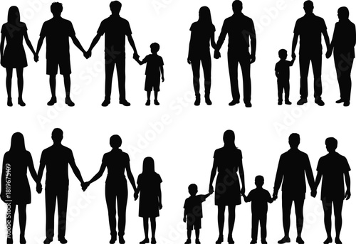 Family silhouettes holding hands, parents and children together, love, unity, relationships, isolated on white background, cad drawing flat vector illustration