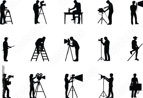 Film crew silhouette set with camera tripod ladder lighting equipment operators, filmmaking production vector illustration for video production cinema concept