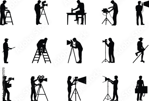 Film crew silhouettes, cameraman and lighting technician icons, video production equipment operators, studio filmmaking people, professional media production vector collection