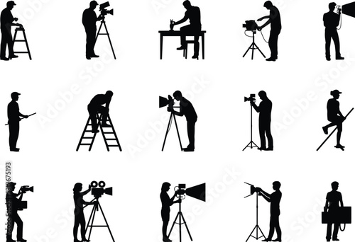 Film crew silhouettes, videographer and camera operator set, lighting technician and studio production people, media filmmaking equipment icons vector collection
