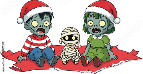 Zombie kids with Santa hats, Halloween Christmas mashup, cartoon character trio, festive spooky illustration, quirky holiday design, flat vector illustration