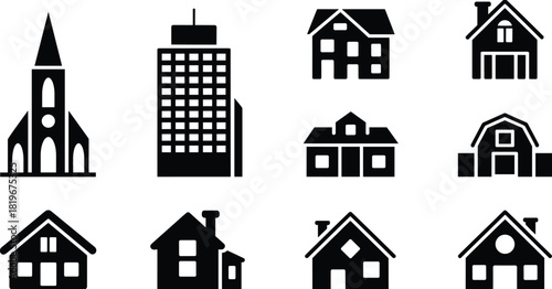 House and building silhouettes set, modern home architecture icons, church and city skyline vector, real estate property graphics collection