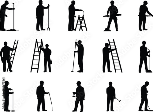 Maintenance worker silhouettes, handyman and construction tool operators set, repair and installation staff, professional industrial service people black vector collection
