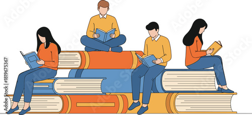 People reading on giant books, education concept illustration, learning together scene, colorful literature design, knowledge stack vector, flat vector illustration