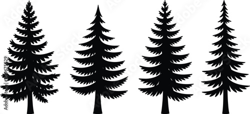 Pine tree silhouettes collection with evergreen forest shapes nature landscape conifer winter christmas vector icon set isolated black design