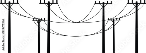 Power line poles silhouettes with electric wires utility infrastructure transmission network energy distribution industrial vector illustration isolated on white background