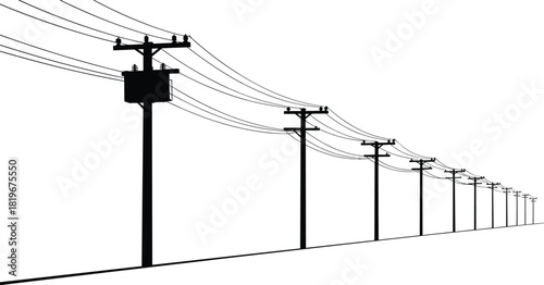 Power line perspective silhouettes with utility poles overhead wires electricity transmission infrastructure industrial energy network vector illustration isolated white background