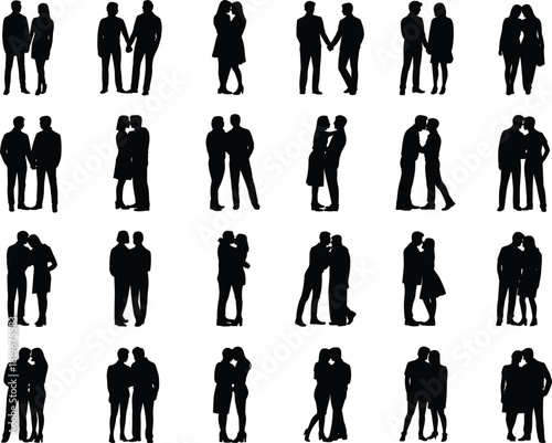 Romantic couple silhouettes collection showing hugging kissing poses love relationship dating valentine engagement wedding affection people vector set isolated background