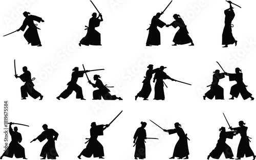 Samurai sword fighting silhouettes collection with katana duel action poses martial arts warriors Japanese traditional combat vector illustration isolated background