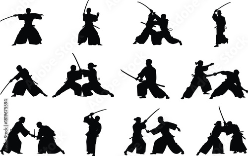 Samurai sword fighting silhouettes set with katana duel martial arts warriors combat action poses traditional Japanese combat vector illustration collection