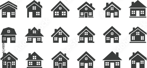 Collection of various house icons in black and white vector illustration