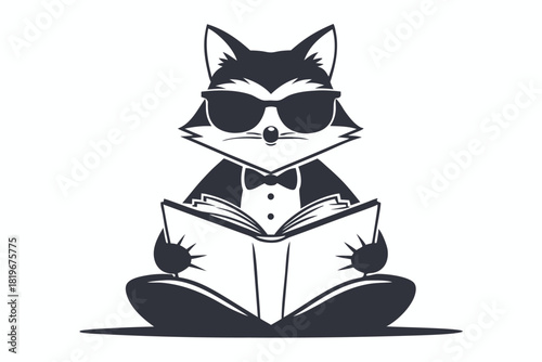 Fox wearing sunglasses and a bowtie reads a book while sitting crosslegged
