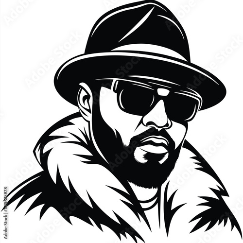 Cool African American man dons shades and fur while wearing a stylish hat
