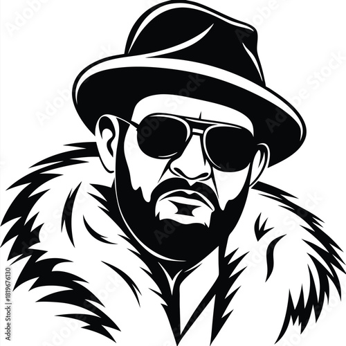 Bold portrait of a man wearing a hat and fur coat in monochrome