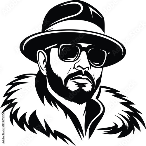 Man wearing hat and sunglasses with fur collar coat stands stylishly