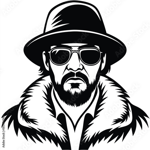 Black and white portrait of a man with a hat and sunglasses