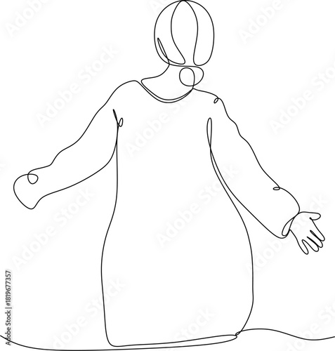 Continuous line drawing of a woman with outstretched arms. Vector illustration drawn by hand without artificial intelligence.