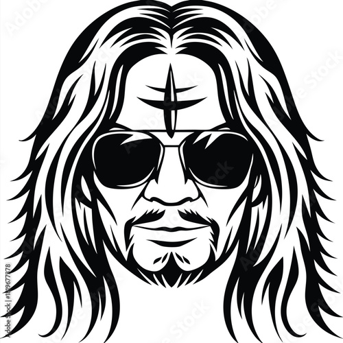 Black and white shows a man with long hair wearing sunglasses
