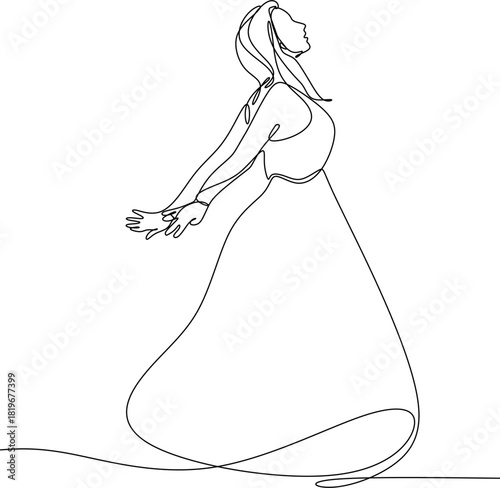 Continuous line drawing of a woman with outstretched arms. Vector illustration drawn by hand without artificial intelligence.