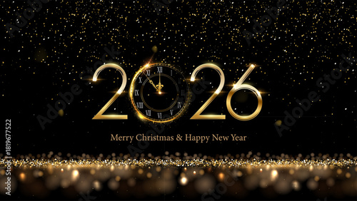 2026 Happy New Year greeting card vector illustration. Festive Christmas social media banner. 2026 clock countdown background. Elegant golden numbers with clock and glitter on black backdrop.