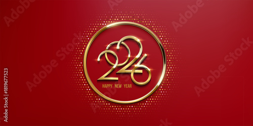 2026 Happy New Year greeting card vector illustration. Festive Christmas social media banner. Gold numbers 2026 on elegant red background
