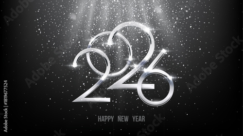 2026 Happy New Year greeting card vector illustration. Festive Christmas social media banner. Silver numbers 2026 with falling confetti and sparkling lights on dark. Luxury holiday postcard.