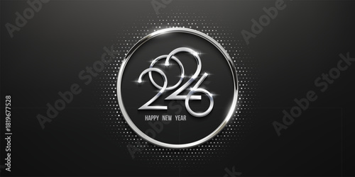 2026 Happy New Year greeting card vector illustration. Festive Christmas social media banner. Silver numbers 2026 on elegant black background