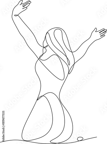 Continuous line drawing of a woman with outstretched arms. Vector illustration drawn by hand without artificial intelligence.