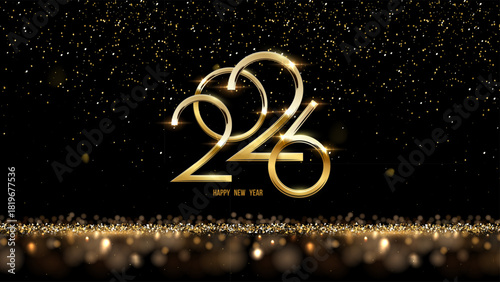 2026 Happy New Year greeting card vector background. Luxury festive sparkle holiday postcard, invitation, banner. 2026 golden numbers with falling confetti and glow light effects on black.