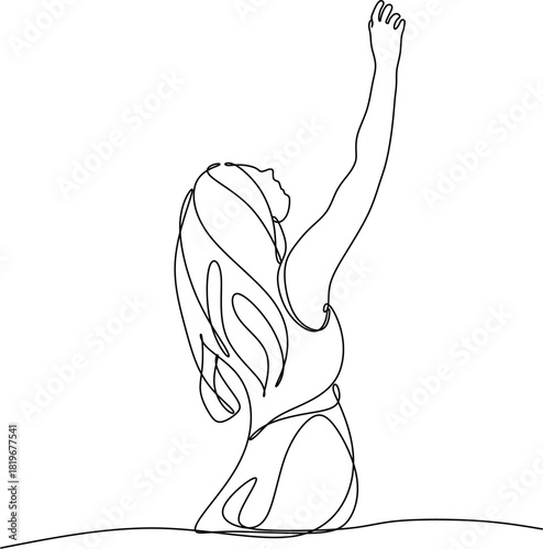 Continuous line drawing of a woman with outstretched arms. Vector illustration drawn by hand without artificial intelligence.