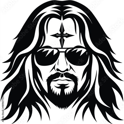 Black outlined man sporting sunglasses and long hair has a cross emblem on forehead
