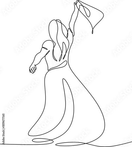 Continuous line drawing of a woman with outstretched arms. Vector illustration drawn by hand without artificial intelligence.