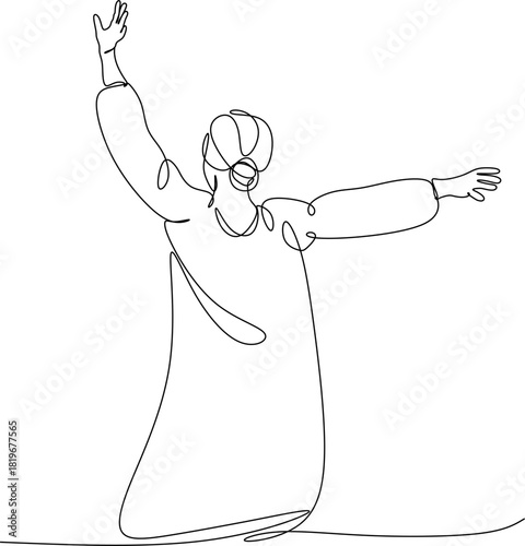 Continuous line drawing of a woman with outstretched arms. Vector illustration drawn by hand without artificial intelligence.