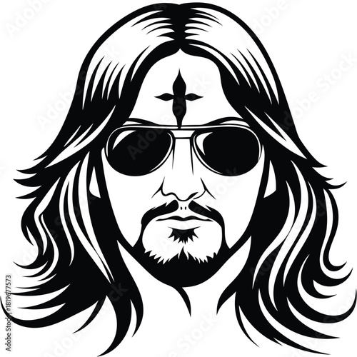 Black and white depicts a bearded man wearing sunglasses and a cross above