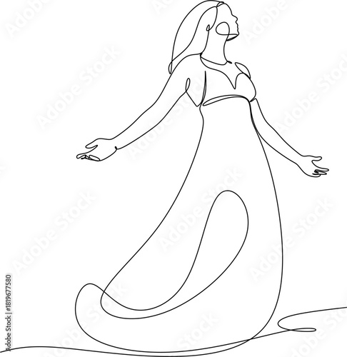 Continuous line drawing of a woman with outstretched arms. Vector illustration drawn by hand without artificial intelligence.
