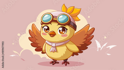 A cute pastel-style baby chick wearing retro aviator goggles and a vintage pilot cap, standing against a soft pink background, expressing a playful sense of adventure and whimsical charm