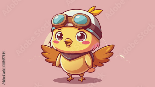 A cute pastel-style baby chick wearing retro aviator goggles and a vintage pilot cap, standing against a soft pink background, expressing a playful sense of adventure and whimsical charm