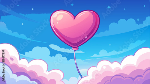Soft pastel illustration of a glossy pink heart balloon drifting in a bright blue cloud-filled sky, creating a charming and minimal romantic aesthetic