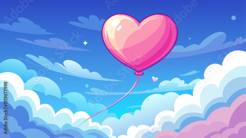 Soft pastel illustration of a glossy pink heart balloon drifting in a bright blue cloud-filled sky, creating a charming and minimal romantic aesthetic