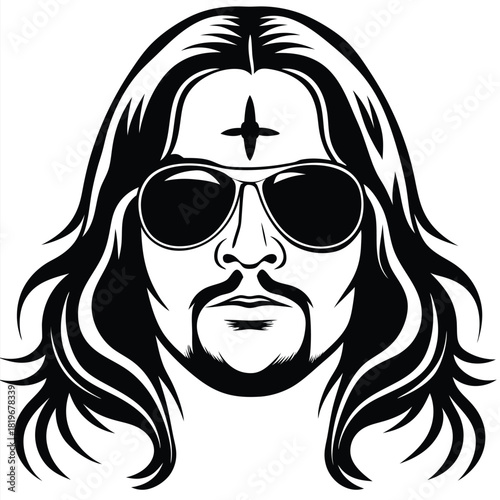 Blackhaired man with sunglasses and a cross on his forehead stares ahead