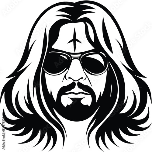 Black and white shows a man with long hair and sunglasses