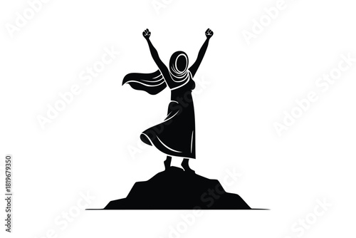 Empowered Muslim Woman Silhouette Celebrating Success on Mountain Peak Achievement Victory