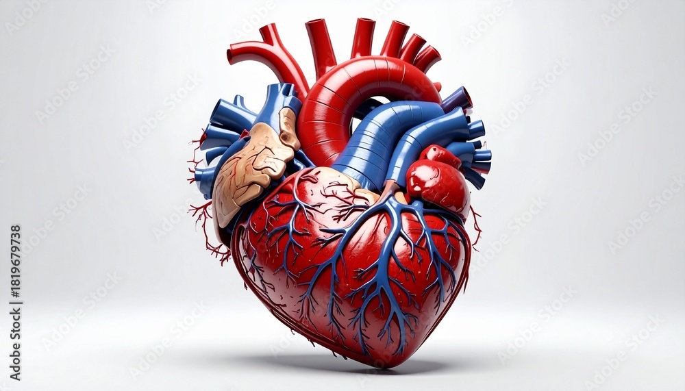 Naklejka premium “Realistic anatomical illustration of human heart showing red and blue vessels, aorta, pulmonary arteries and veins, coronary vessels, and heart chambers on white background”