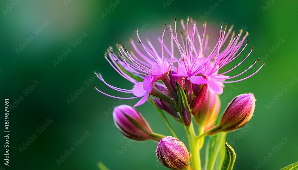Fototapeta premium Macro Image Of Erechtites Hieraciifolius Or Fireweed And Its Buds On Green Soft Background
