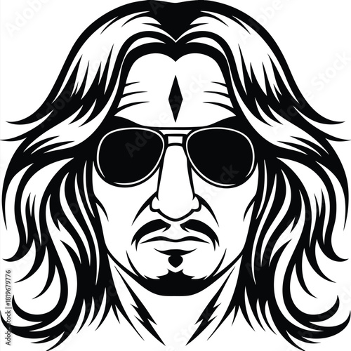 Illustration of a handsome man with long hair wearing sunglasses and a tilak on his forehead