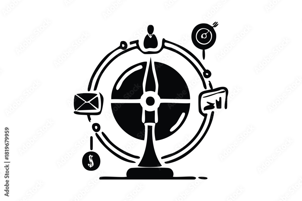 Fototapeta premium Business Strategy Compass Silhouette Guiding Direction with Financial Marketing Icons